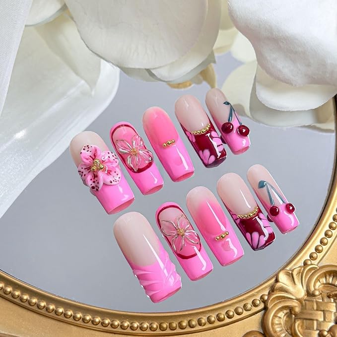 Pink Gradient Press on Nails Long Coffin Fake Nails 3D Luxury Flower Cherry Pattern Design Spring Summer Fruit French Tip Thick False Nails Golden Steel Ball Acrylic Nail for Women Nail DIY (Size M)