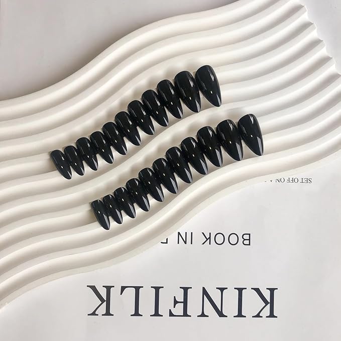 Black Press on Almond Shaped Medium Nails - Neutral Acrylic Reusable Fake Nails for Women Girls - Glue on Medium Length Stiletto False Nails - Soft Gel Artificial
