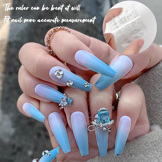 4-Piece Nail Measurement Ruler with Rhinestones - Measuring Tool for Acrylic Nails and DIY Manicure