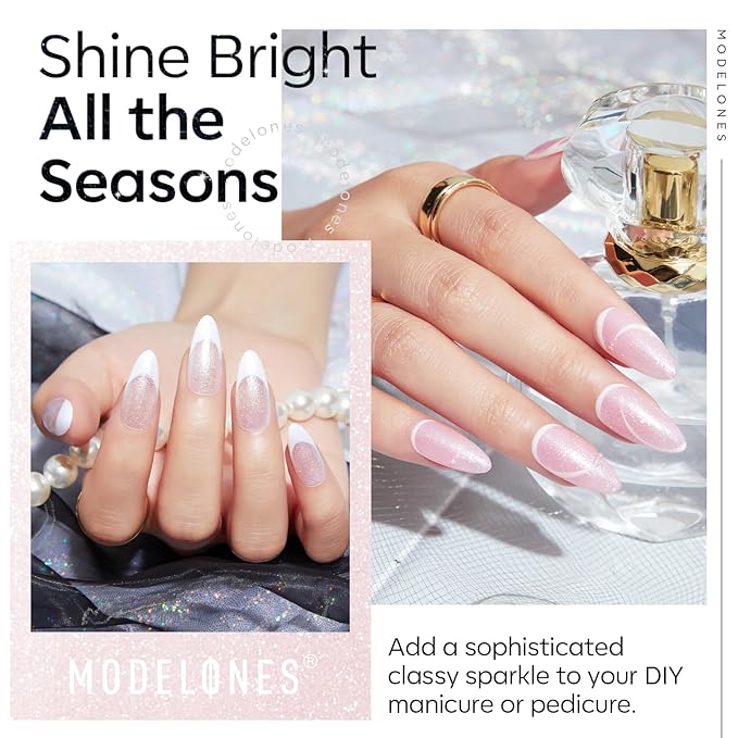 modelones Glitter Gel Top Coat, Ultra Fine White Aurora Clear Glitter Gel Polish Glossy Sparkle Finish Long Lasting Soak Off Pearlescent Shimmer Manicure Nail Art Gift for Women Girls