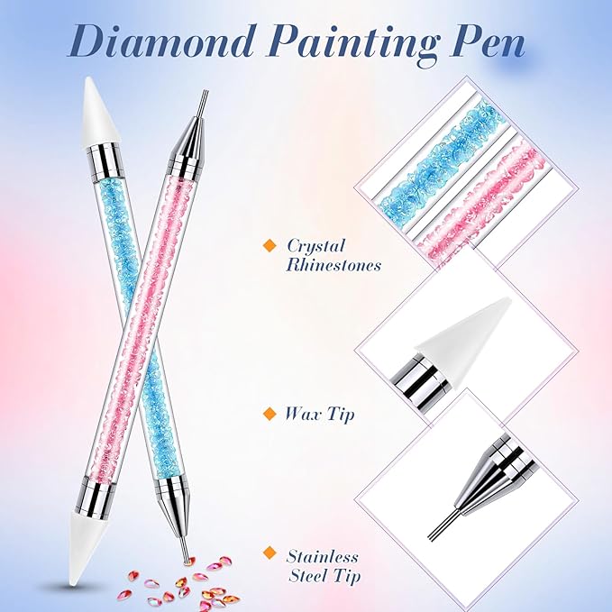 2 Pieces Rhinestone Picker Dotting Pen, Dual-ended Rhinestone Gems Crystals Studs Picker Wax Pencil Pen Crystal Beads Handle Manicure Nail Art DIY Decoration Tool (Light Blue Pink)