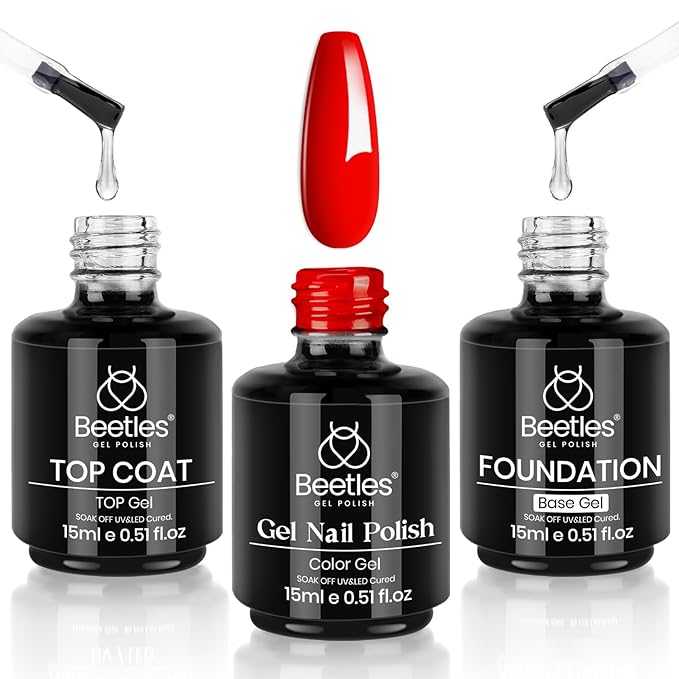 Beetles Red Gel Nail Polish Set 3Pcs 15ml – Cherry Red Soak Off UV/LED Gel, Long-Lasting High Gloss & Holiday Nail Colors, Salon Quality DIY Nails at Home