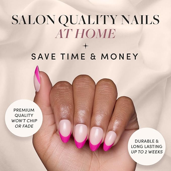 Valentines Day Glamnetic Press On Nails - Raspberry Sorbet | Semi-Transparent Dark Pink Magenta French Tip Short Almond Fake Nails in a Glossy Finish, Salon Quality | 15 Sizes - 30 Nail Kit