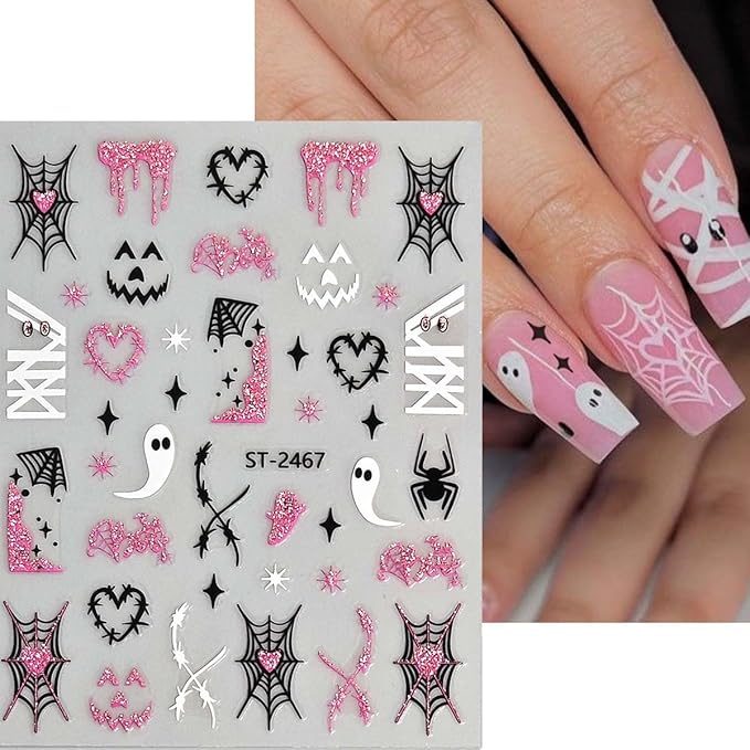 8 Sheets Halloween Nail Stickers Pumpkin Spider Web Nail Art Stickers with Pink Glitter Design Ghost Bat Nail Decals 3D Self Adhesive Sticker for Nails,Halloween DIY Manicure Decor for Women Girls