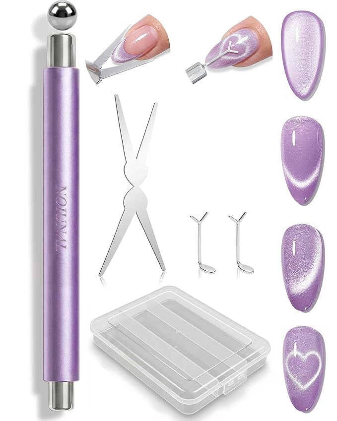 4-Piece Cat Eye Magnet Set with Case – Heart-Shaped & French-Shaped Magnets for Nail Art, Cat Eye Magnet Art Tool, 3-in-1 Magnetic Pen for Salon Professionals & Home DIY, Purple
