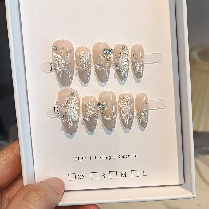 3D Butterfly Cat Eye Glitter French Press on Nails Medium Almond,Galaxy Icy Shimmer Rhinestones Designs with Full Manicure Kit 10pcs(L)