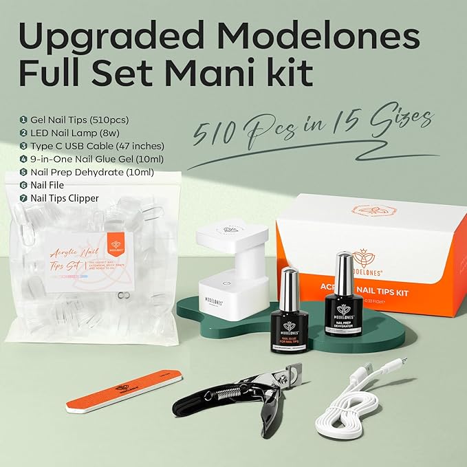 modelones X Nail Gel Kit, Fake Nails Long Coffin, 9-in-One Glue Prep Dehydrator & Portable Mini U V Light Acrylic Clipper, 500Pcs Coffin Tips for Extension Kit DIY Salon Home Gifts for Women