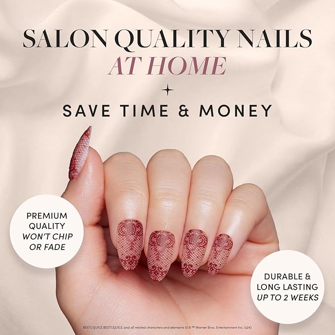 Beetlejuice Beetlejuice™ x Glamnetic Press On Nails - Lydia™ | Short Almond Red Lace 3D Nails in a Matte Finish | 15 Sizes - 30 Nail Kit with Glue