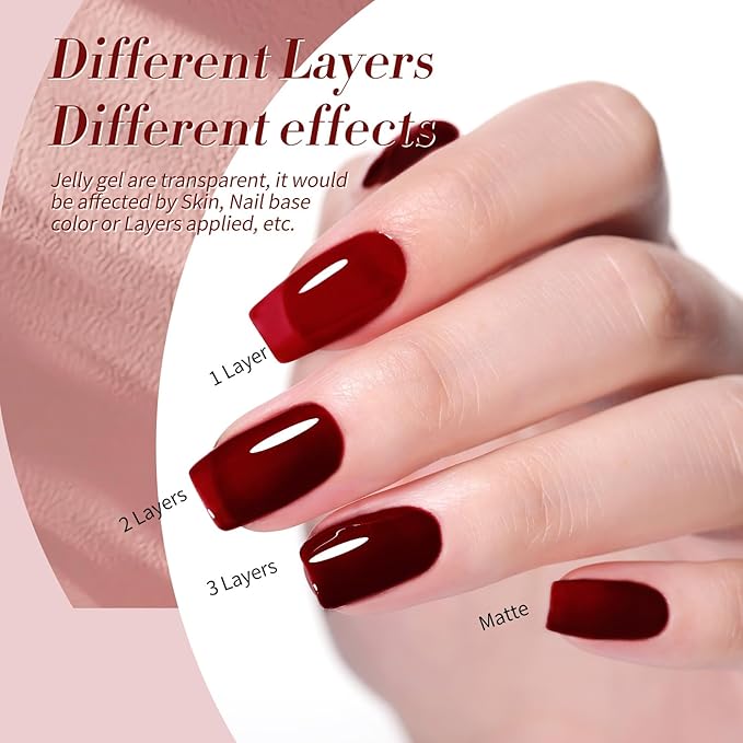 Born Pretty Jelly Gel Nail Polish Transparent Nude Pink Red Brown Burgundy Blood Wine Red 6 Colors Sheer Gel Polish Kit for Salon Manicure and Nail Art DIY at Home