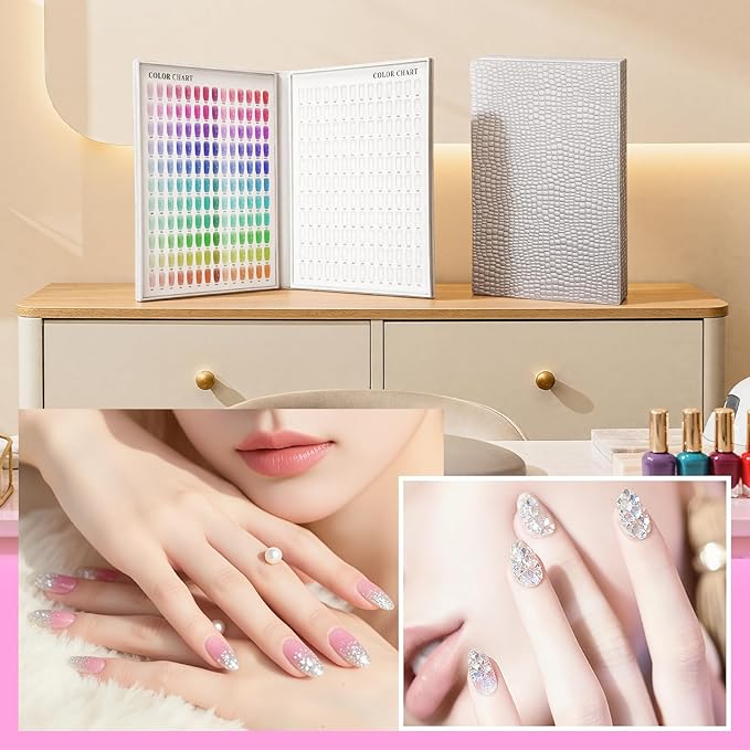 Segbeauty 308 Color Nail Polish Display Book Organizer, Silver Nail Color Swatches Sample Book for Art Salon with 360 False Nails Tips DIY Press On Nails Display Holder Board Cases Storage Stand