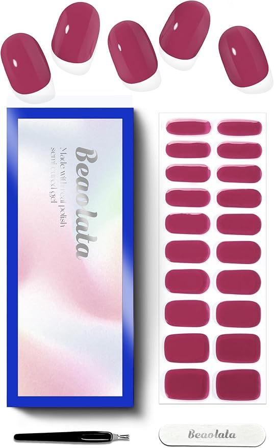 Semi Cured Gel Nail Strips - UV Light Gel Nail Stickers - 20 Long Lasting Salon Quality Wraps (Prismatic Cherry Red)