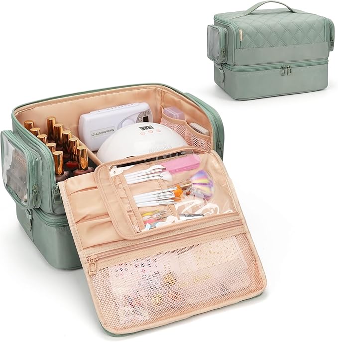 OCHEAL Nail Polish Organizer, Holds Nail Lamp and 45+ Bottles 2-in-1 Nail Polish Storage Case,Detachable Nail Techs Gel Kit Supplies Carring Bag for Manicurist Tools 45-Slot Nail Holder-Green