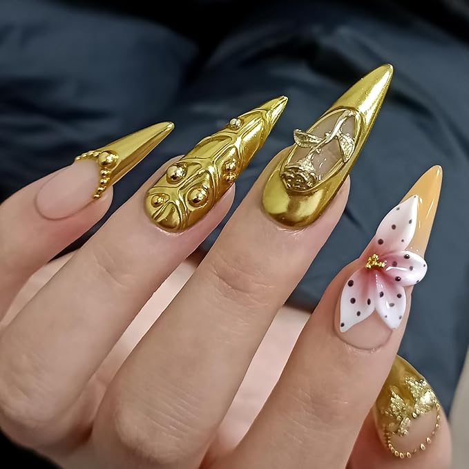 Long Stiletto Press on Nails - Gold Baroque with 3D Rose & Saint Charms | Reusable & Icy False Nails | Royal Gala Style for Grand Events(L)