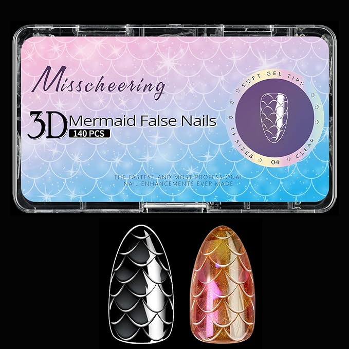 3D Diamond Shaped Polygel Nail, Extension Clear Full Cover False Nail Tips, Hybrid Gel Acrylic Nail, Diamond Fake Nails, 14 Sizes Building Artificial Press on Nail (Fish Scales 4, 140pcs)