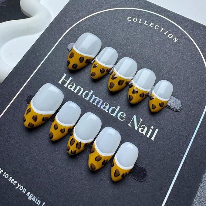 100% Handmade Press on Nails Medium Almond Handmade Nails with Leopard Print Design French Tip Fake Nails Glossy Skin Tones Nail Press ons Reusable Spring Summer Acrylic Nails for Women Size M 10Pcs