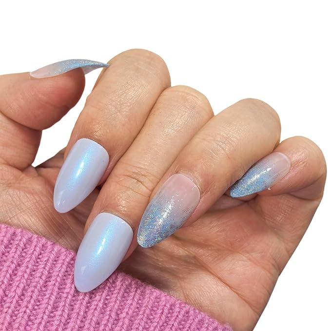 Light Blue Press on Nails - 24Pcs Long Stiletto Fake Nails with Gradient Glitter Design, Reusable Acrylic Artificial Nails for Women, 12 Sizes