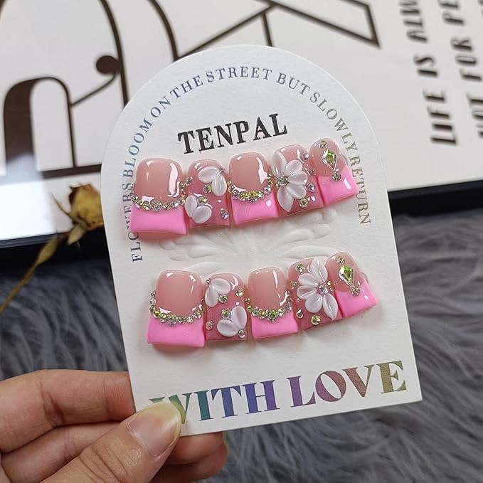 Duckbill Shape Handmade Press On Nails Kit,Pink French Floral Nails with 3D Flowers Diamond Designs,Glazed Donut Nude Pink Fake Nails with Tools,Elegant French Tip Duckbill Nails with Gems(M)