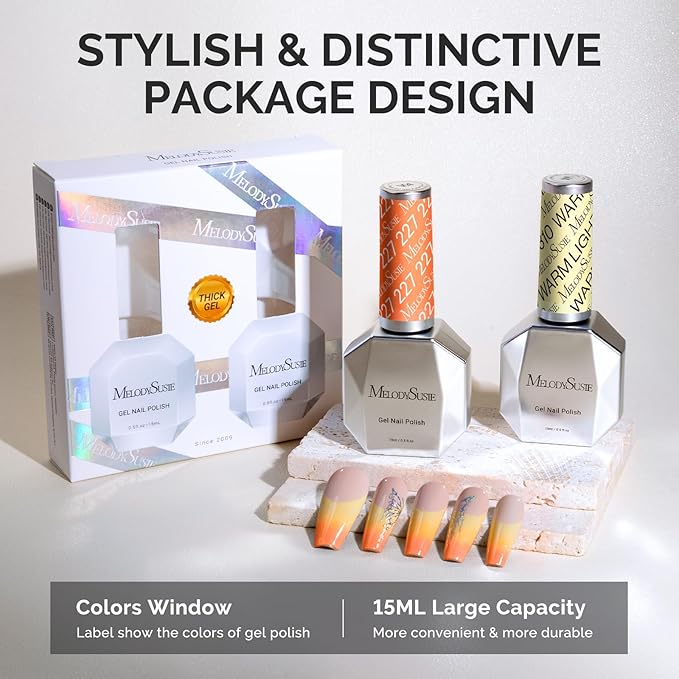 MelodySusie Thick Gel Nail Polish Set- 2 Pcs 15ML Creamy Orange & Yellow Gel Polish Set Soak Off UV LED Christmas Gift for Women Nail Art Manicure Salon DIY Nail Design Decoration at Home