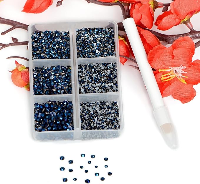 Bymitel Hotfix Crystal Rhinestones Round Gems for Crafts,Mixed 6 Sizes with Wax Pencil Kit, Mine Blue 1.3-3.2mm(SS3-SS12/8000pcs)