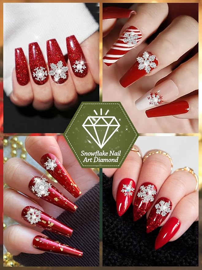 72 Pcs Christmas Snowflake Nail Charms, Kalolary 3D Glitters Nail Rhinestones with Gem Crystals Jewelry for Christmas Holiday Nail Art Decoration