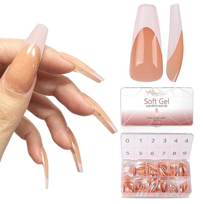Allkem Soft Gel Nail Tips - 360 pcs XL French Ballerina Nail Extensions Kit - 12 Sizes Extra Long Full Cover Nails - Neutrals - Bold (360 Pieces)