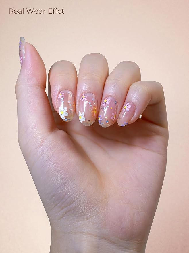 Pre Cured Gel Nail Strips - 44PCS Salon Quality Gel Nail Stickers - Long Lasting Polish Wraps for Women no UV Light Needed Easy Apply& Remove (Flower Sliver)