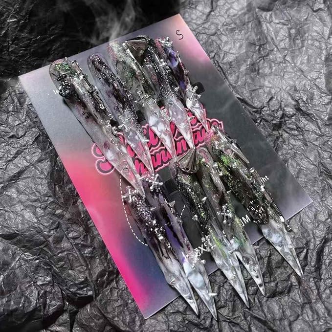 Unique Royal Style Press on Fake Nails Handmade with 3D Nail Art and Jewelry Decor for Simple Application Size S