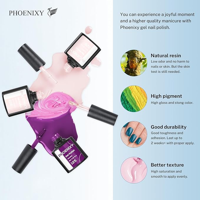 PHOENIXY 24 PCS Gel Nail Polish, Blue Sparkle Colors Gel Polish Set with Base Glossy Matte Top Coat Purple Pink Nail Polish Kit Gifts for Women