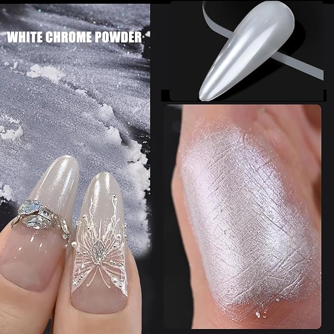 2Pcs White Chrome Nail Powder Moonlight Pearl Powder for Nails, Magic Clear Pearlescent Aurora Mirror Effect Gel Nail Glitter Powder Nails Art Design