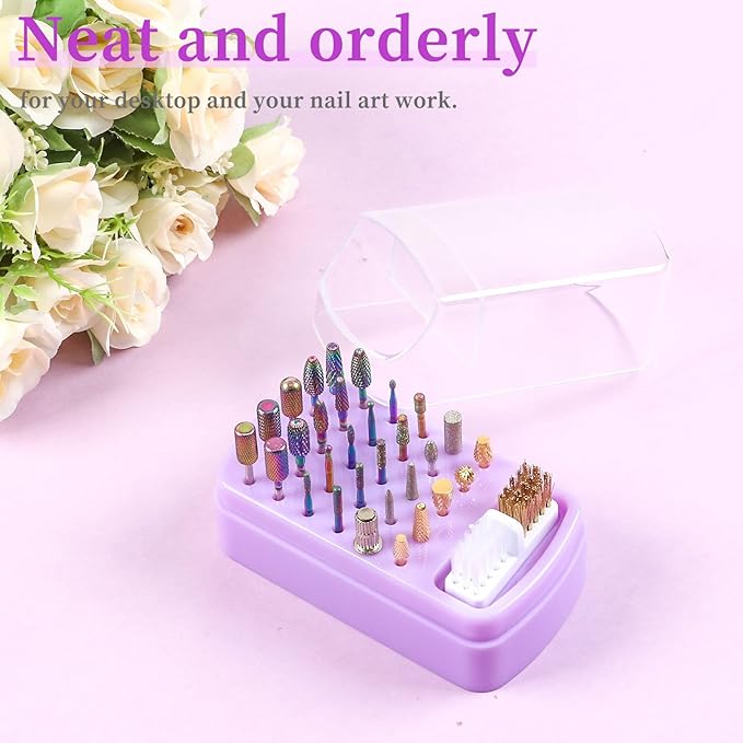 2 in 1 Nail Drill Bits Holder & Nail Drill Bits Cleaning Brush Case 30 Holes (Purple)
