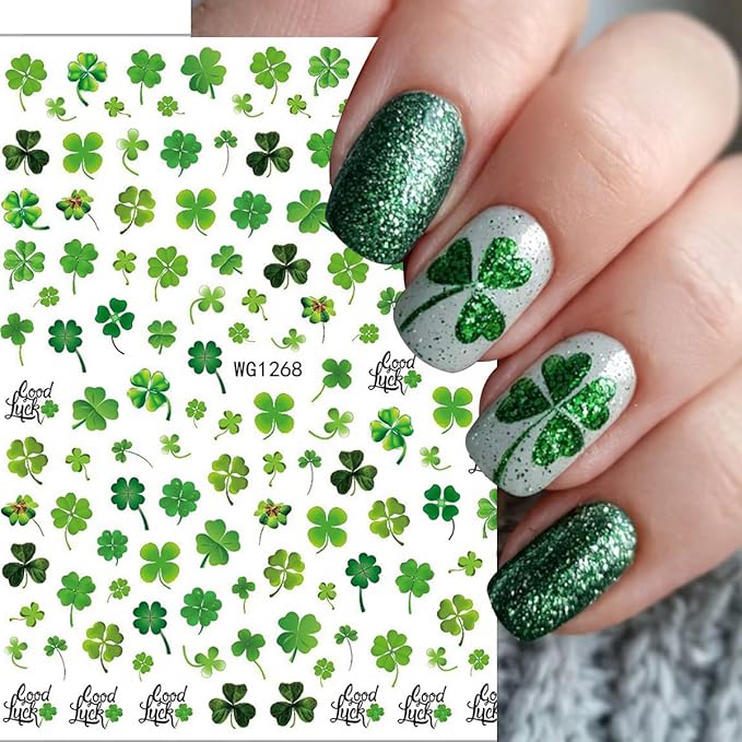 6 Sheets St. Patrick's Day Nail Art Stickers 3D Self Adhesive Green Shamrock Nails Stickers Rainbow Golden Jar Coin Design Irish Nail Decals Nails Art Supply for St. Patricks Day Manicure Decoration