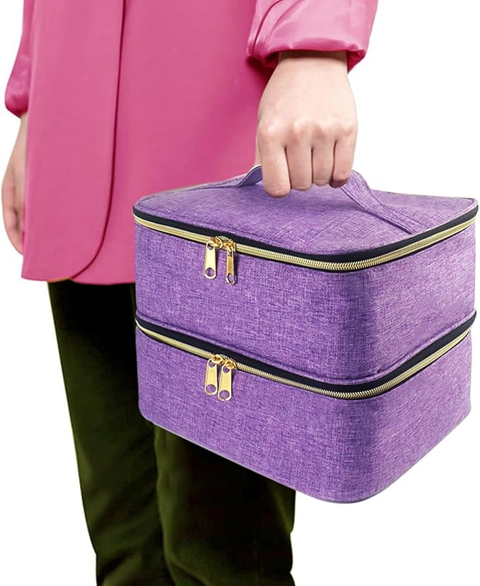 Meichoon Essentials Nail Polish Carrying Organizer 2 Layers Storage Holder Case with Adjustable Bottle Compartment 30 Bottles of Gel lamp and Manicure Tools Large Makeup Bag Travel Purple