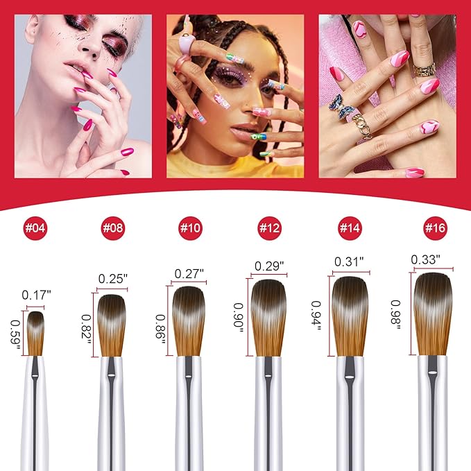 6PCS Acrylic Nail Brush Set, Kolinsky Hair, Oval Crimped Pressed Shaped, Red Metal Handle, Professional Manicure for DIY Home Salon - Sizes 4/8/10/12/14/16