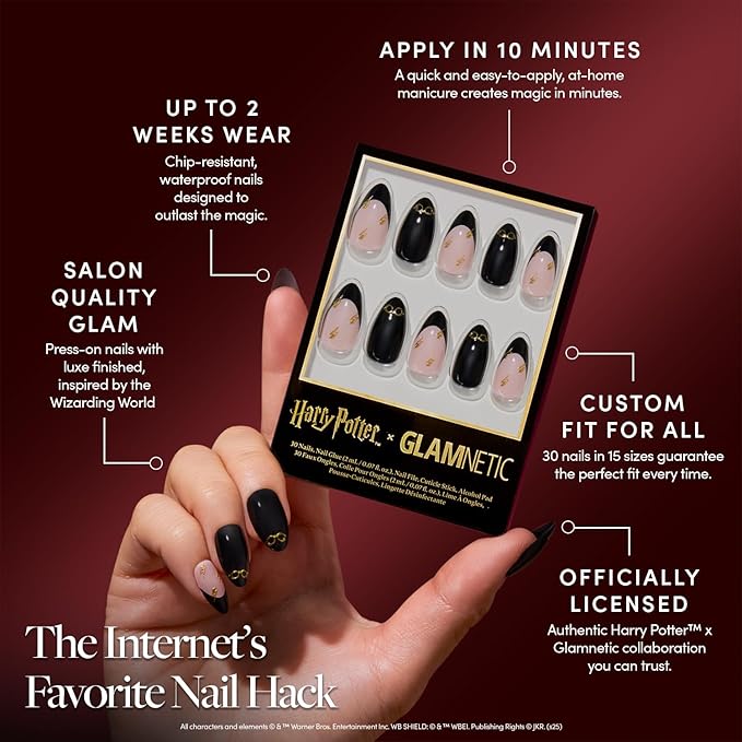Glamnetic Press On Nails x Harry Potter™ - Harry Potter™ | Short Almond Fake Nails with Black French Tips, Glasses & Hidden Lightning Details, Officially Licensed | 15 Sizes - 30 Nail Kit with Glue