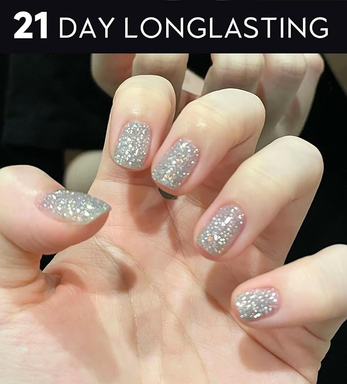 Semi Cured Gel Nail Strips - UV Light Gel Nail Stickers - 20 Long Lasting Salon Quality Wraps (Silver Queen of Frosting)