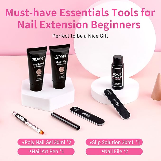 BQAN Poly Nail Gel, 2 Pcs Poly Extension Gel (30ml) with Slip Solution & Brush, for Long-Lasting Nail Extensions | Builder | Salon-Quality DIY & Home Use (Nude)