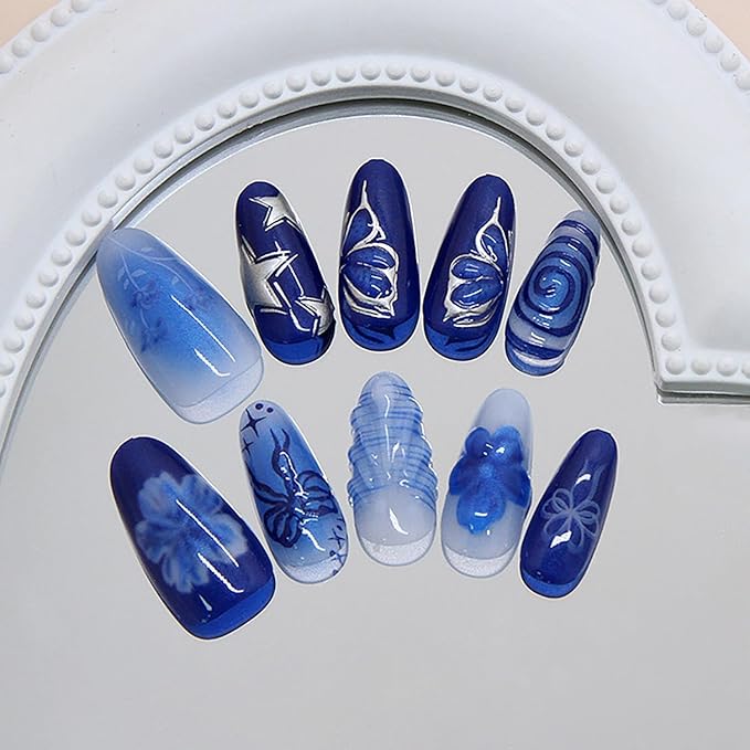 Blue Press on Nails Medium Almond Fake Nails Flower Butterfly Full Cover Glue on Nails with Silver Star Designs Stick on Nails Blue Bow Artificial False Nail Decor for Women Manicure Supplies 30pcs