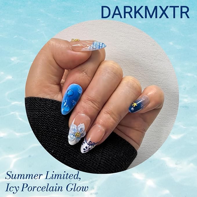 3D Blue Floral Press on Nails (30 Pcs) - Long Almond Fake Nails with Handmade Flower & Glazed Design,Easy Application Manicure Set for Work, Party & Daily Use, Perfect for Women