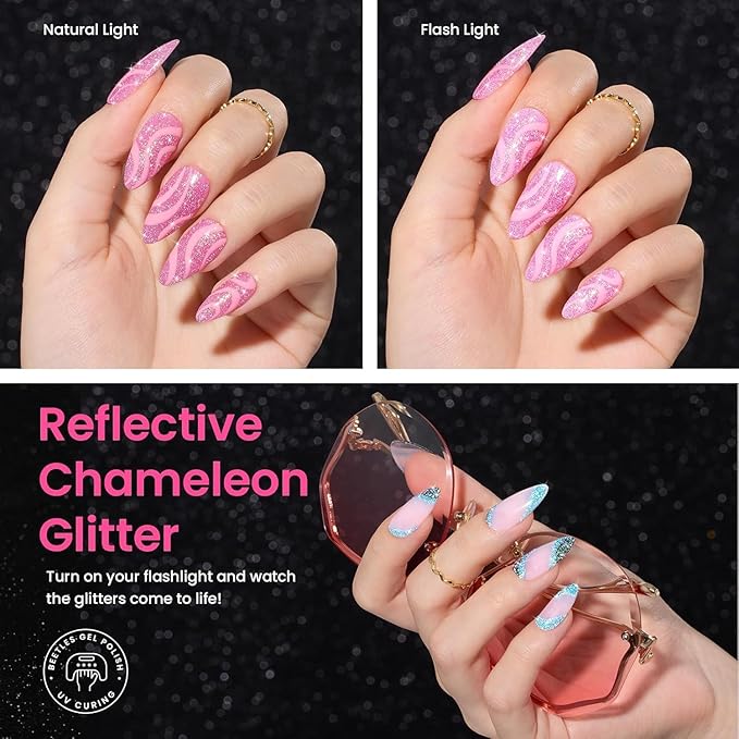 Beetles Chameleon Gel Nail Polish Set- 6 Colors Sparkle Pink Purple Blue Glitter Gel Polish Kit Chameleon Crushed Diamond Multifunction Soak off Uv Nail Gel DIY Manicure Spring Gift for Women