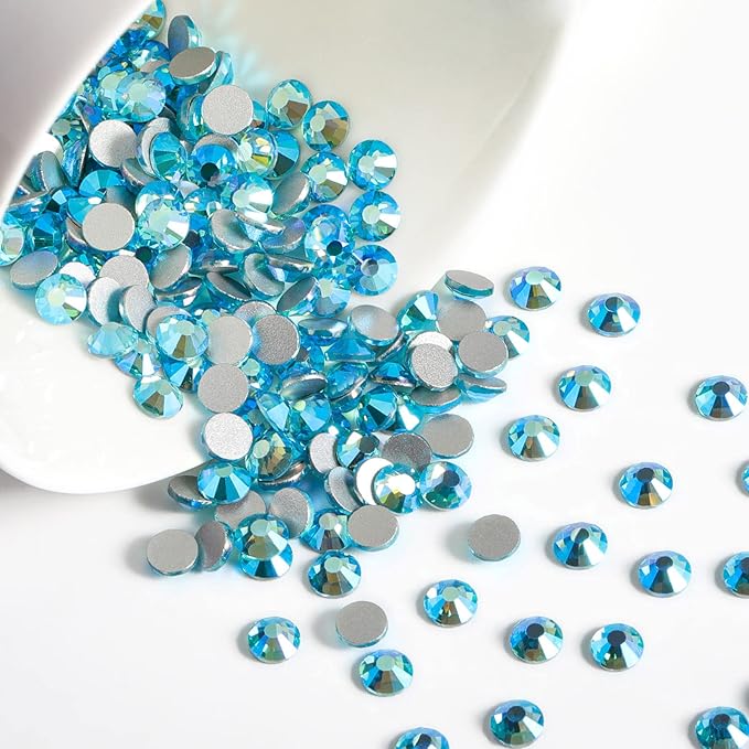 Beadsland Flat Back Crystal Rhinestones Round Gems for Nail Art and Craft Glue Fix, Aquamarine AB, 4.6-4.8mm, SS20/1440pcs