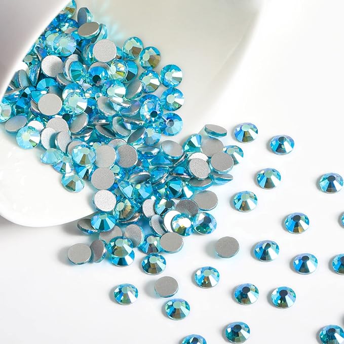 Beadsland Flat Back Crystal Rhinestones Round Gems for Nail Art and Craft Glue Fix, Aquamarine AB, 3.8-4.0mm, SS16/1440pcs