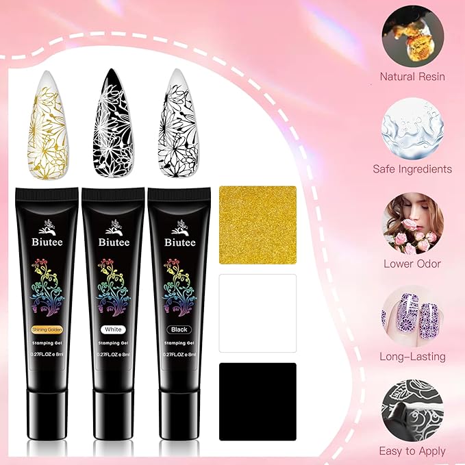 SEISSO Stamp Nail Polish Gel, 3 Colors White Black Shining Golden Stamping Gels for Nail Stamp Plate Stamper UV LED Nail Art Gel Polish