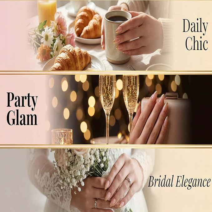 French Tips Press on Nails Almond Fake Nails with Gold Line Design Glue on Nails Removable Acrylic Nails Glossy Full Cover Stick on Nails for Women 24 Pcs