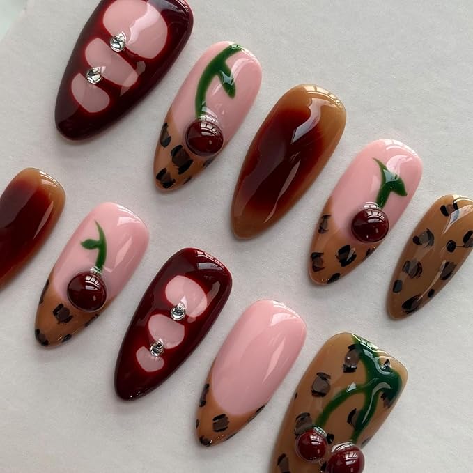 Handmade Press on Nails Brown French Medium Almond Fake Nails with Cherry Rhinestone Design Spring Summer False Nails Luxury Gradient Stick on Nail Muti-Layer Gel Acrylic Nail for Women (Size S)