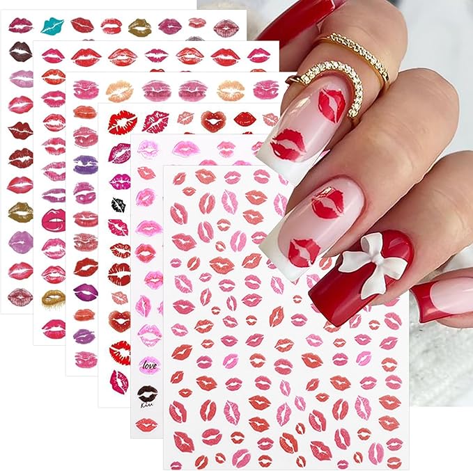 6 Sheets Valentines Day Nail Stickers for Nail Art Kit Sexy Red Lip Nail Decals 3D Self-Adhesive Colorful Lip Nails Design Valentines Nail Art Supplies for Women DIY Acrylic Manicure Salon