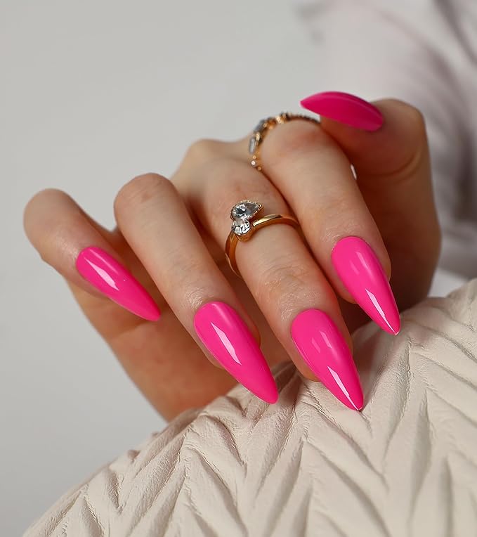 Morily 24Pcs Press on Nails Medium Hot Pink Fake Nails Stiletto Glossy False Nail Tips Artificial Full Cover Stick on Nails for Women