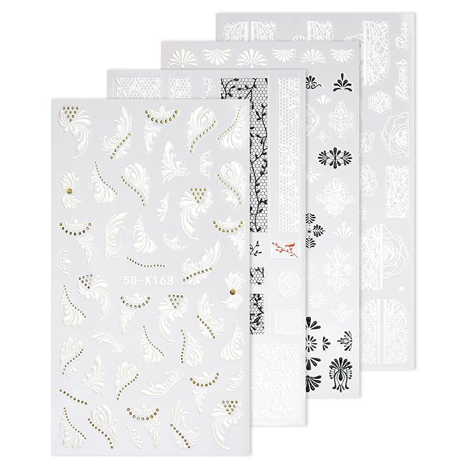 Nail Stickers, 4 Sheets Lace Nail Art Decals, Self-Adhesive 5D Embossed Nail Designs for DIY Manicure