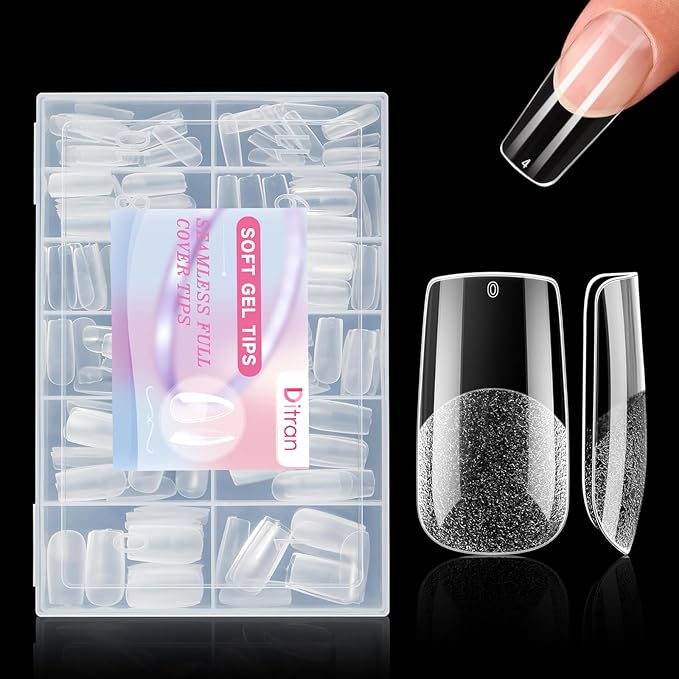 Medium Square Nail Tips, 504pcs Artificial Full Cover Square Nail Tips 12 Sizes Half Matte Clear Soft Pre-shaped Acrylic Gel Nails Tips for Nail Extensions Manicure Salon Home DIY