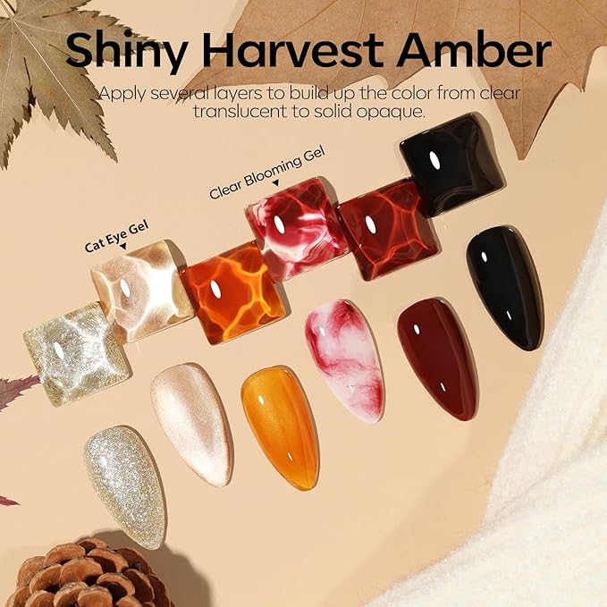 modelones Gel Nail Polish Set, 6 Colors Clear Blooming Nude Gold Glitter Cat Eye Gel Polish Amber Brown Jelly Maroon Black Nail Polish 2026 Leopard-Print Theme with Magnet & Liner Pen LED Mani Kit