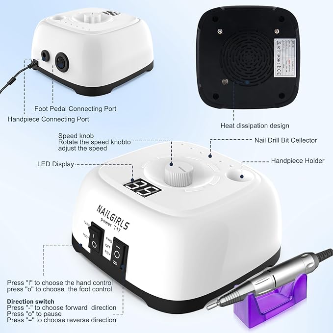 NAILGIRLS Electric Nail Drill Professional 35000RPM with Foot Pedal, Nail Drill Machine for Acrylic Gel Nails Manicure Pedicure with LCD Display Efile Tool for Salon Home Use